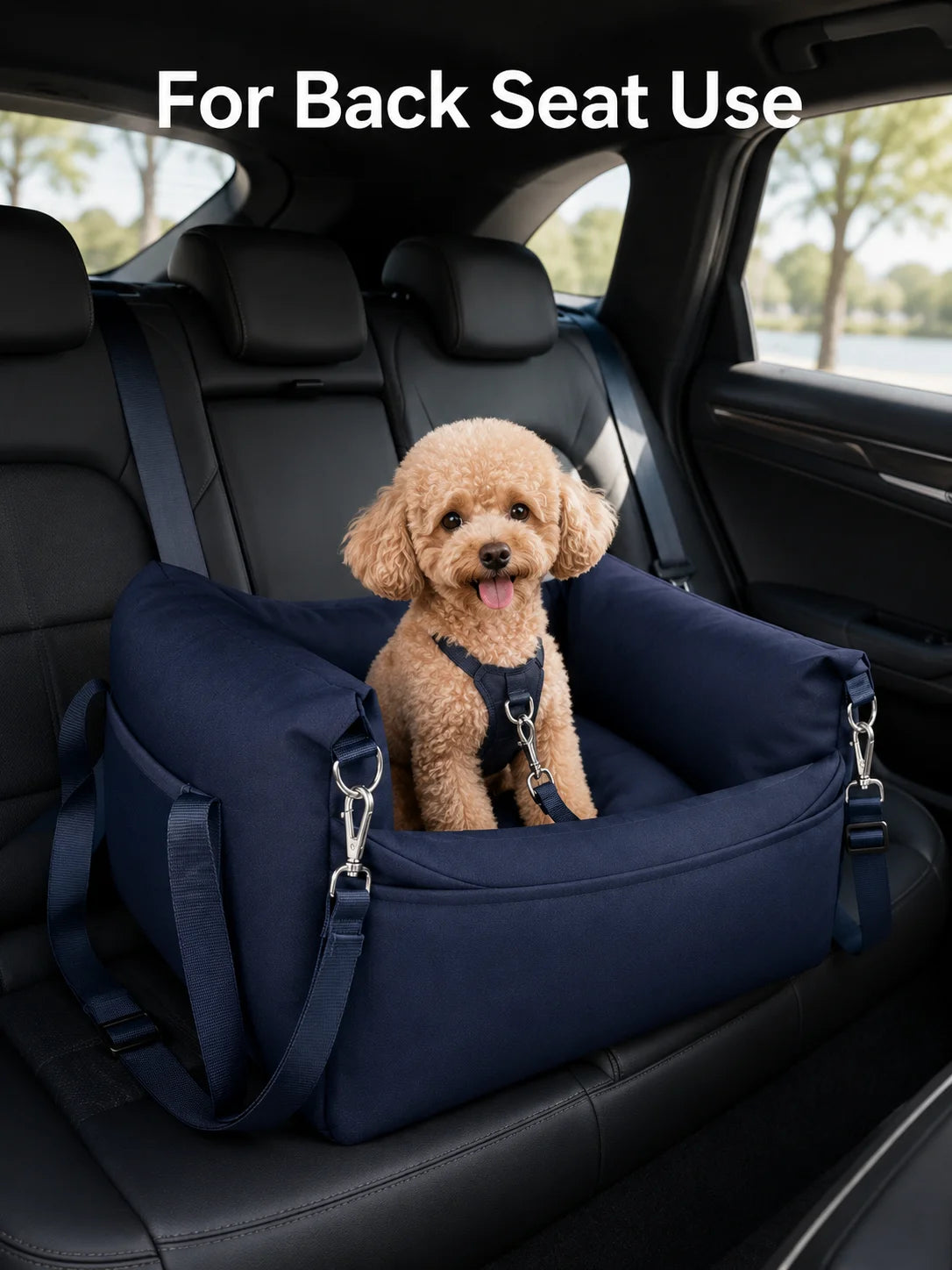 Pet Car Booster Seat for Small Dogs | Dark Blue Polyester Fabric | Removable Cushion & Safety Straps | Cozy Travel Bed