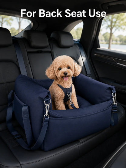 Pet Car Booster Seat for Small Dogs | Dark Blue Polyester Fabric | Removable Cushion & Safety Straps | Cozy Travel Bed