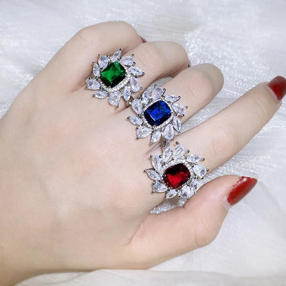 925 Silver Square Zircon Ring | Colorful Water Drop Cocktail Ring for Women