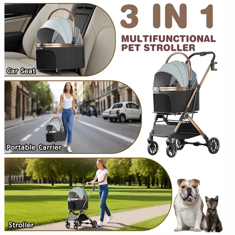 Pet 3-in-1 Portable Foldable Pet Strollers with Detachable Bag Small Medium Dogs Cats Up to 45 lbs Carts Basket Can Be Separated