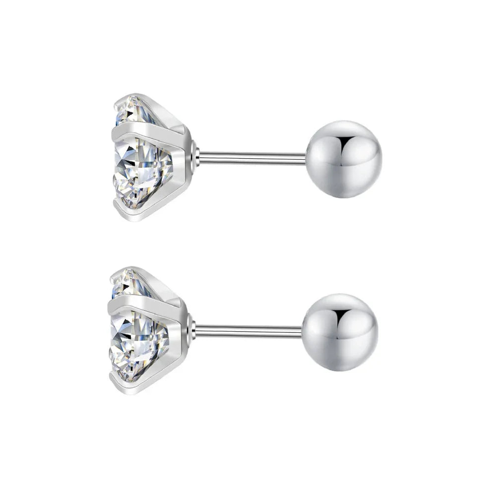 Stainless Steel Cubic Zirconia Stud Earrings | Screw-Back CZ Earrings for Women and Men