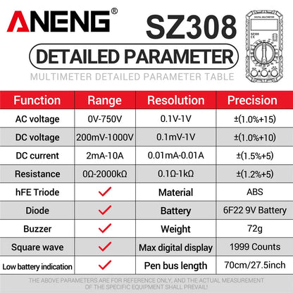 ANENG SZ308 Digital Multimeter | AC/DC Voltage Resistance Capacitance Tester