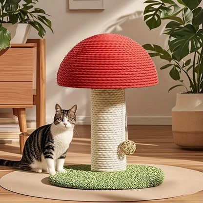 Red Mushroom-Shaped Cat Scratching Post with Sisal Scratching Pad, Mini Pet Villa & Green Pom-Pom Base