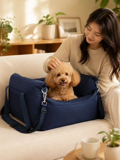 Pet Car Booster Seat for Small Dogs | Dark Blue Polyester Fabric | Removable Cushion & Safety Straps | Cozy Travel Bed