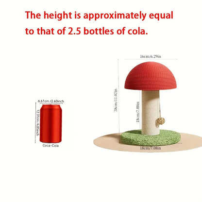 Red Mushroom-Shaped Cat Scratching Post with Sisal Scratching Pad, Mini Pet Villa & Green Pom-Pom Base