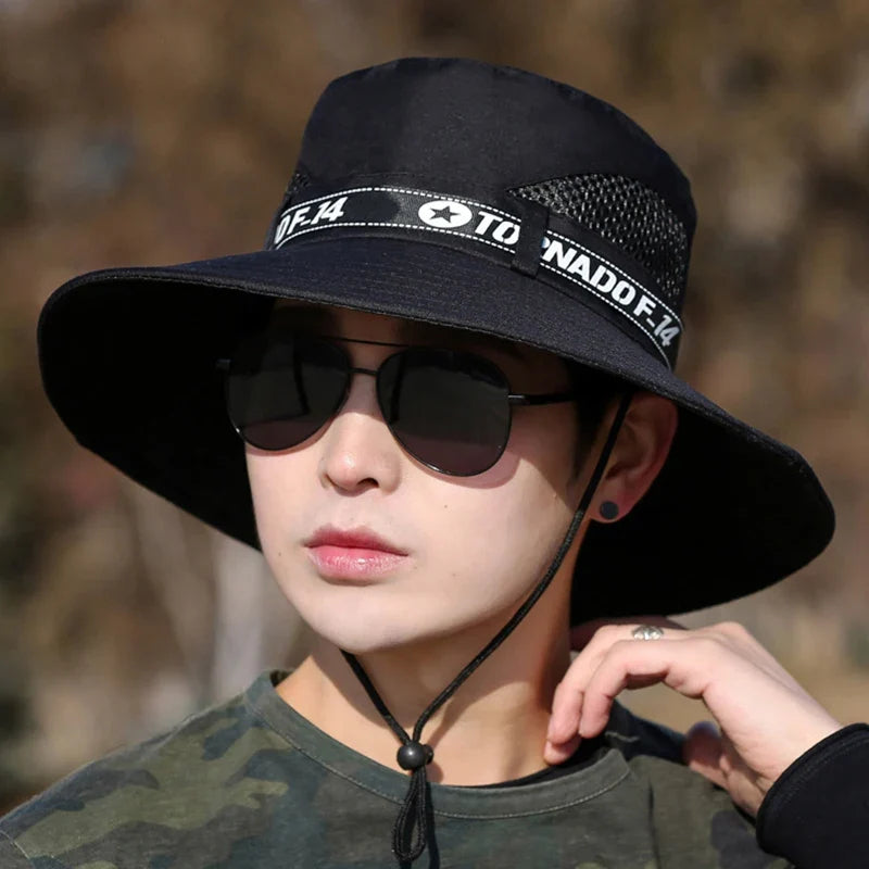 Windproof Men Outdoor Hat | Wide Brim Flat Top Fisherman Hat with Letter Print and Anti-UV Strap