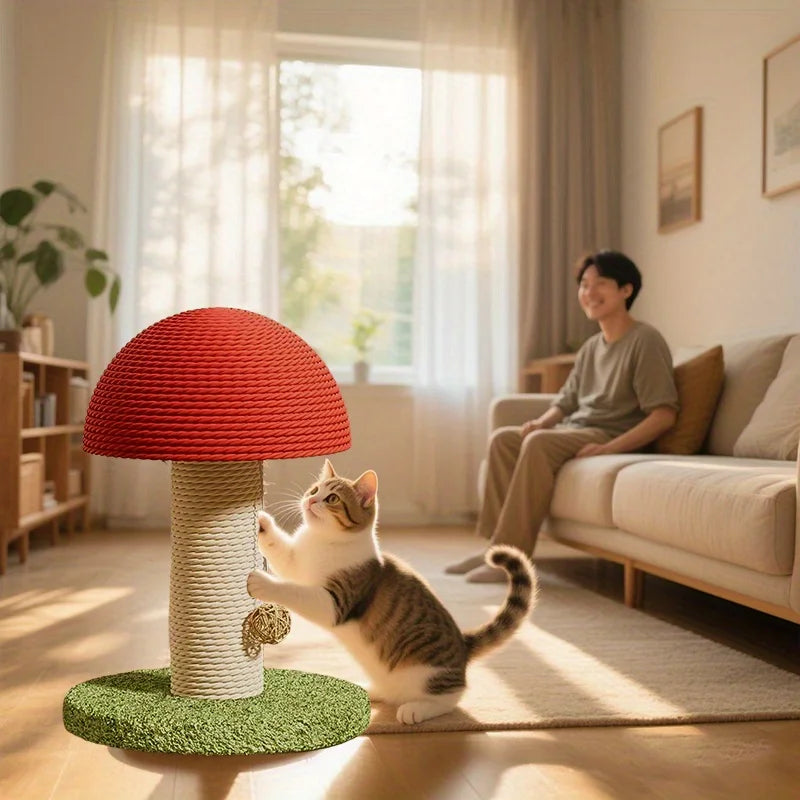 Red Mushroom-Shaped Cat Scratching Post with Sisal Scratching Pad, Mini Pet Villa & Green Pom-Pom Base