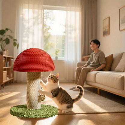 Red Mushroom-Shaped Cat Scratching Post with Sisal Scratching Pad, Mini Pet Villa & Green Pom-Pom Base