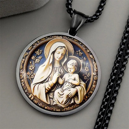 Virgin Mary Hold Baby Jesus Glass Round Medal Pendant Necklace | Gold Stainless Steel Catholic Amulet
