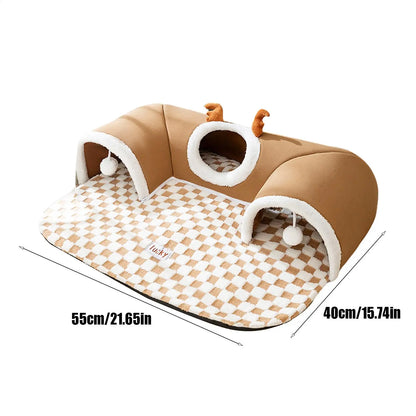 Cat Bed and Play Tunnel Warm House Tent with Plush Mat Indoor Hideaway Corner Shelter Foldable Pet Furniture for Kittens Cats