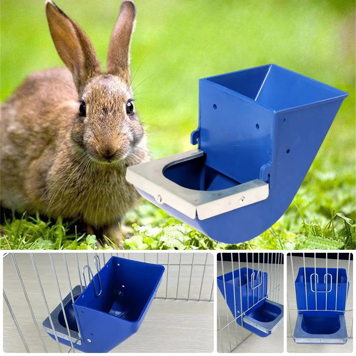 1Pc Blue Rabbit Feed Box Hopper Rabbit Cage Hanging Feed Trough Hamster Bunny Guinea Pig Eating Drinking Bowl Livestock Supplies