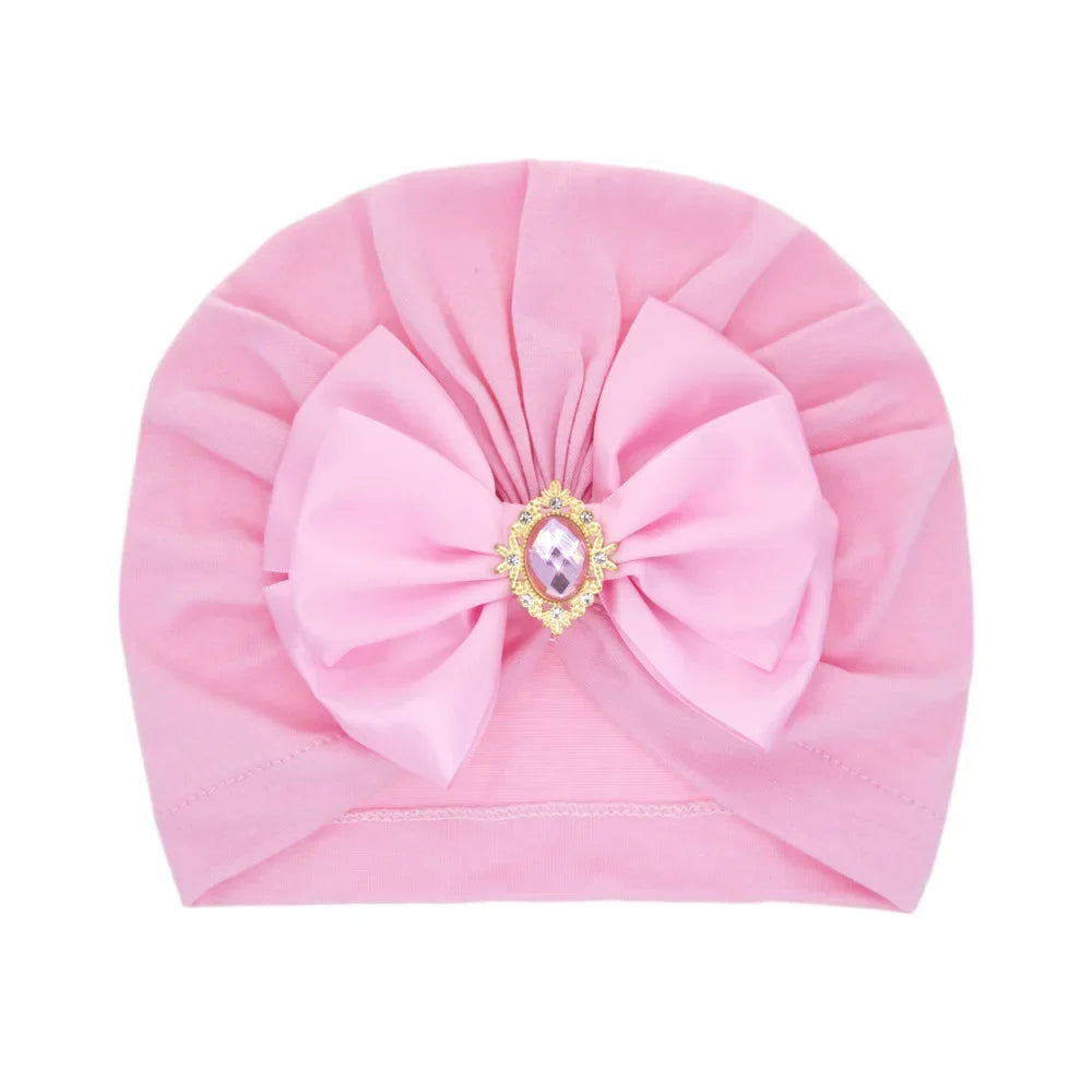 Solid Color Baby Turban Bow Beanie with Rhinestone | Handmade Infant Cap for Girls 0-2 Years