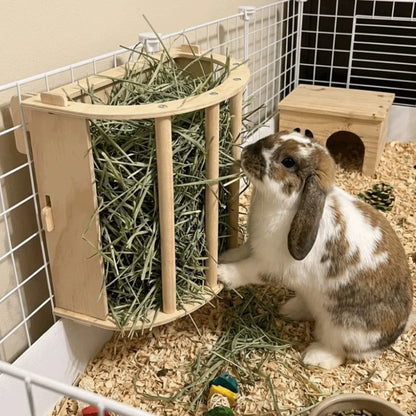 Practical Wooden Bunny Hay Feeder Hanging Fixed Built-in Hay Feeder Rack Detachable Grass Dispenser Guinea Pig Feeder Hamster