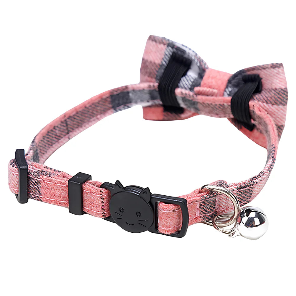 Pet Cat Adjustable Collar, British Plaid Bow Tie Collar, Pet Bell Collar with Buckle, Cat Dog Collar, 1PC