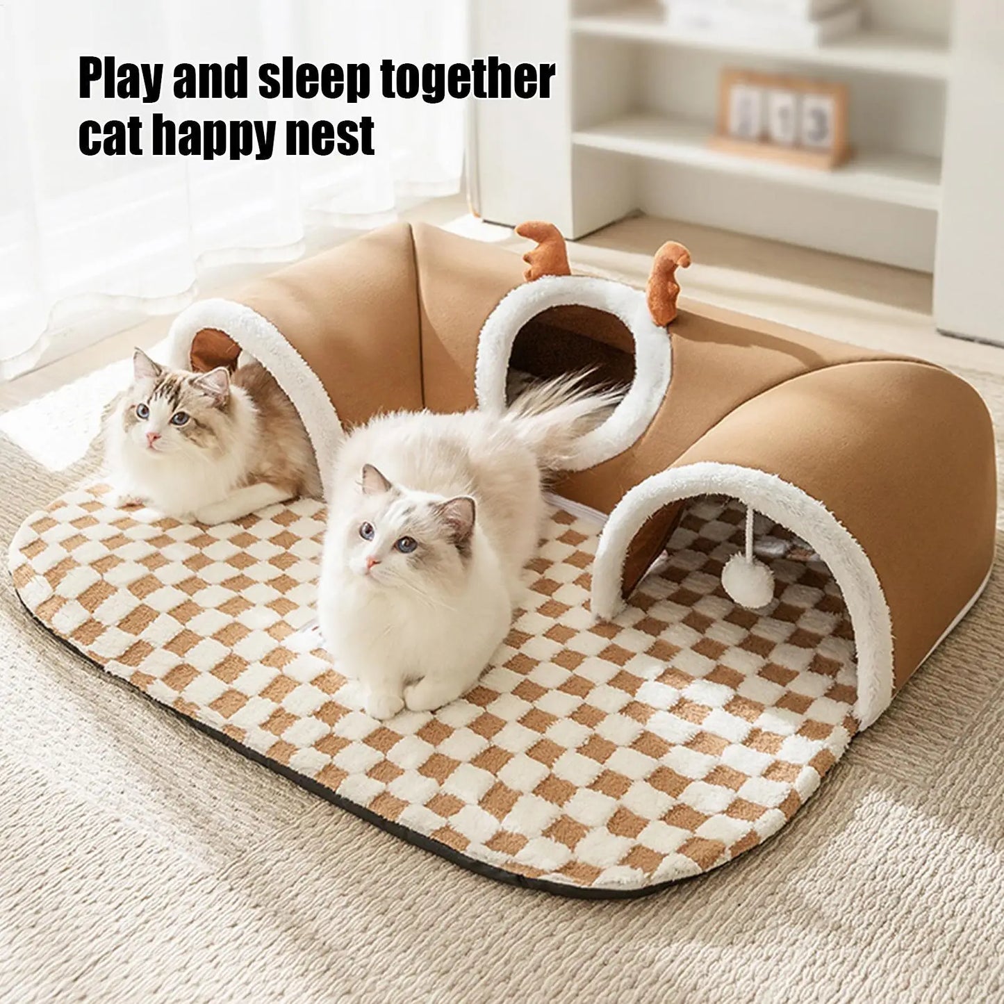 Cat Bed and Play Tunnel Warm House Tent with Plush Mat Indoor Hideaway Corner Shelter Foldable Pet Furniture for Kittens Cats