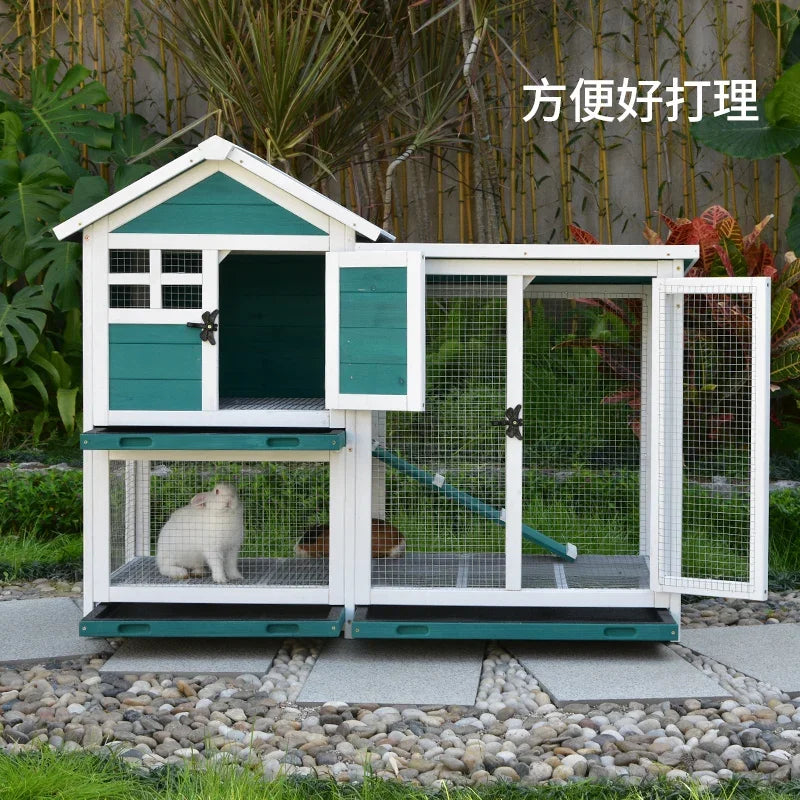 Rabbit Cage Anti Spray Urine Deluxe Double Drawer Rabbit Hutch Solid Wood Pigeon Coop Chicken Cage Bottom Mesh Outdoor