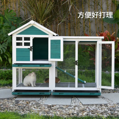 Rabbit Cage Anti Spray Urine Deluxe Double Drawer Rabbit Hutch Solid Wood Pigeon Coop Chicken Cage Bottom Mesh Outdoor