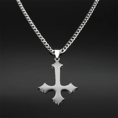 Goth Upside Down Cross Stainless Steel Pendant Necklace | Inverted Crucifix Gothic Jewelry for Men