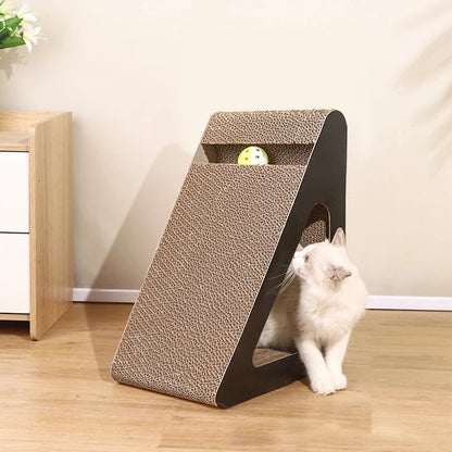 Eco-Friendly Corrugated Cat Scratcher 2-in-1 Triangle - with Rotating Ball, Sturdy Reversible Anti-Scratch Board for Indoor Cats