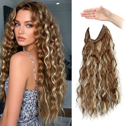 Long Synthetic Fishing Line Hair Extensions Elegant Water Wave Curly Styles for Women | Lightweight Fluffy-Looking Hairpiece