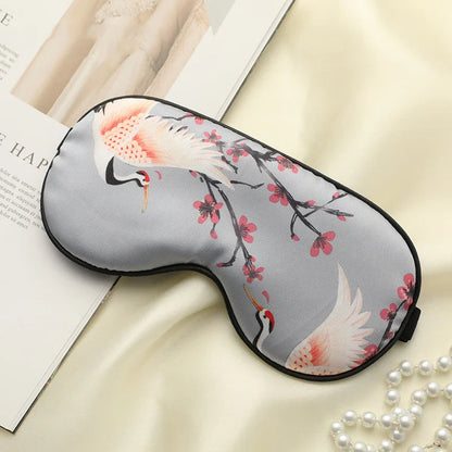 Imitated Silk Sleeping Eye Mask with Crane Print | Adjustable Blindfold for Travel and Relaxation
