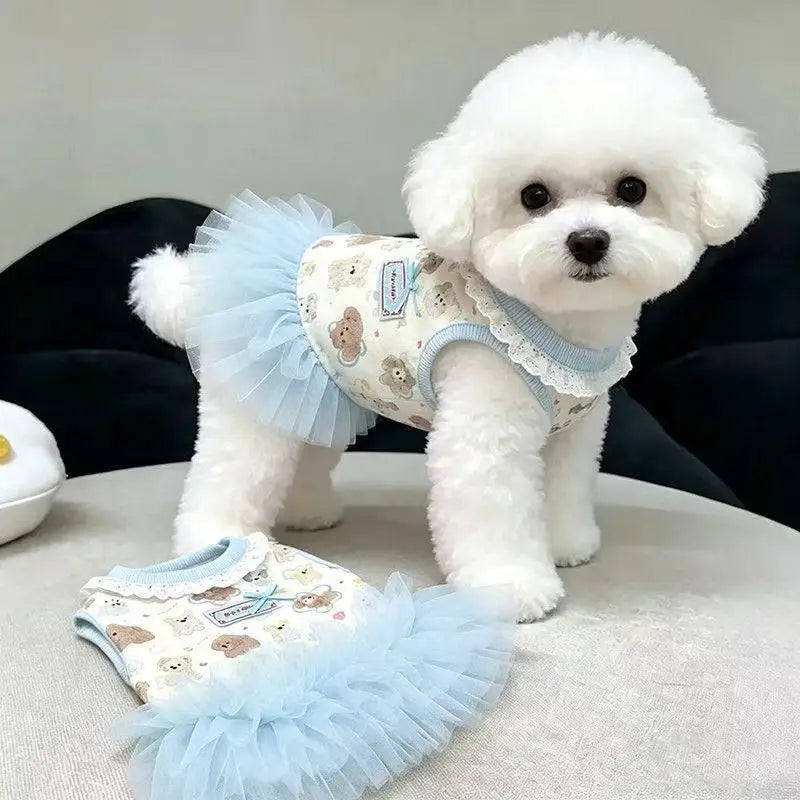 Pet Dresses Cat Pet Summer Clothes Pink Bow Teddy Skirt Small and Medium-sized Dog Cartoon Printed Vest Casual Female Dog Dress