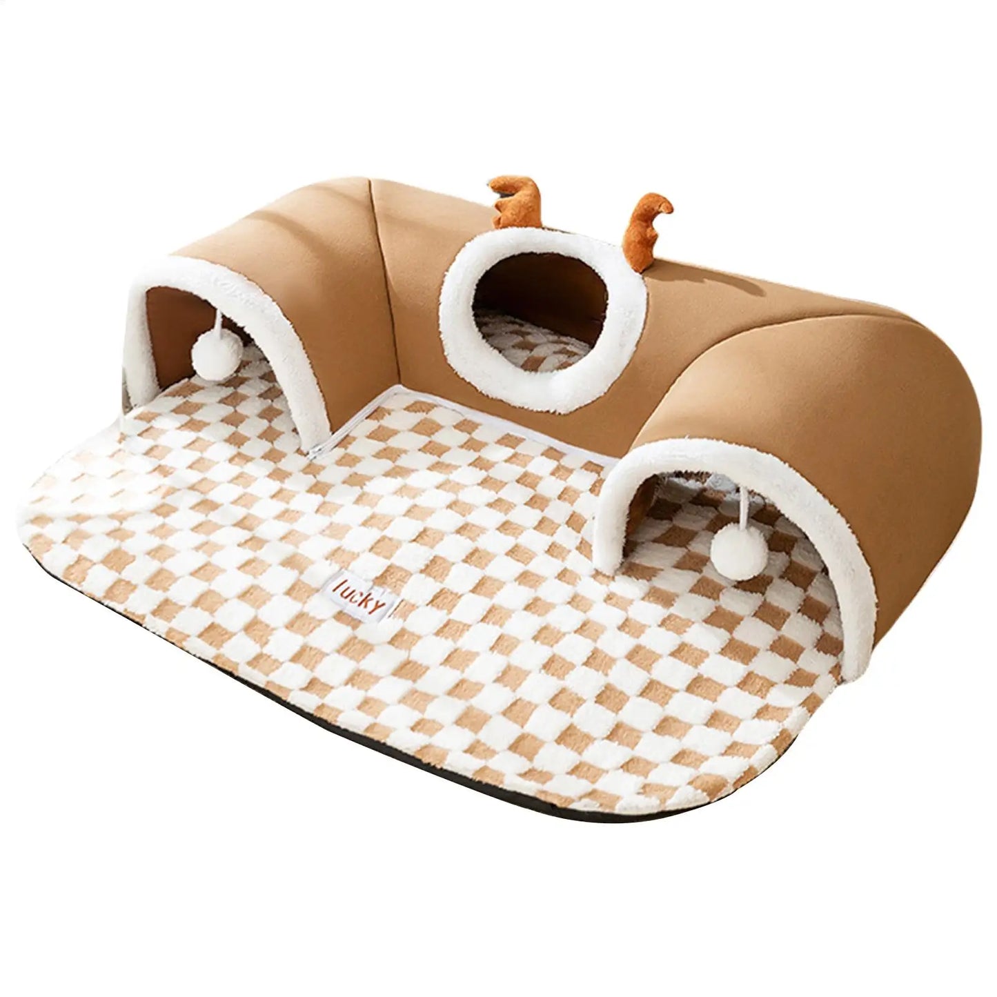 Cat Bed and Play Tunnel Warm House Tent with Plush Mat Indoor Hideaway Corner Shelter Foldable Pet Furniture for Kittens Cats