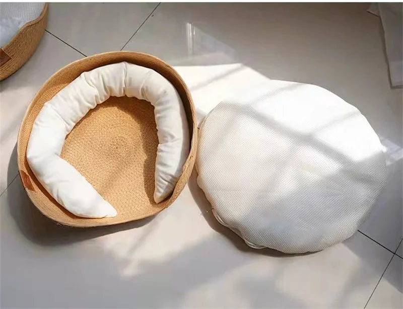 Pet Bed Soft Cat Kennel Dog Beds Sofa Bamboo Weaving Four Season Cozy Nest Baskets Waterproof Removable Cushion Sleeping Bag