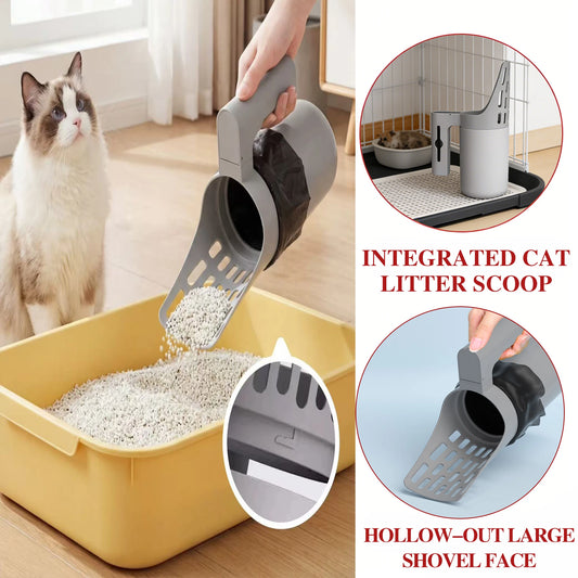 2-in-1 Cat Litter Scoop with Storage Container, Detachable Litter Sifter Shovel with Built-in Bag Dispenser, Portable Cat Litter