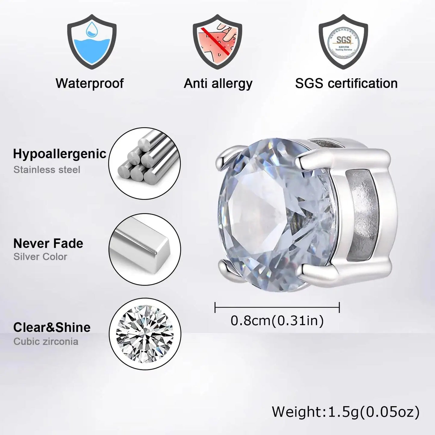 Vnox Magnetic Clip Earrings Non Piercing | Hip Hop Zircon Studs for Men Women Silver Party Gifts