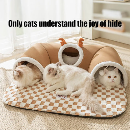 Cat Bed and Play Tunnel Warm House Tent with Plush Mat Indoor Hideaway Corner Shelter Foldable Pet Furniture for Kittens Cats