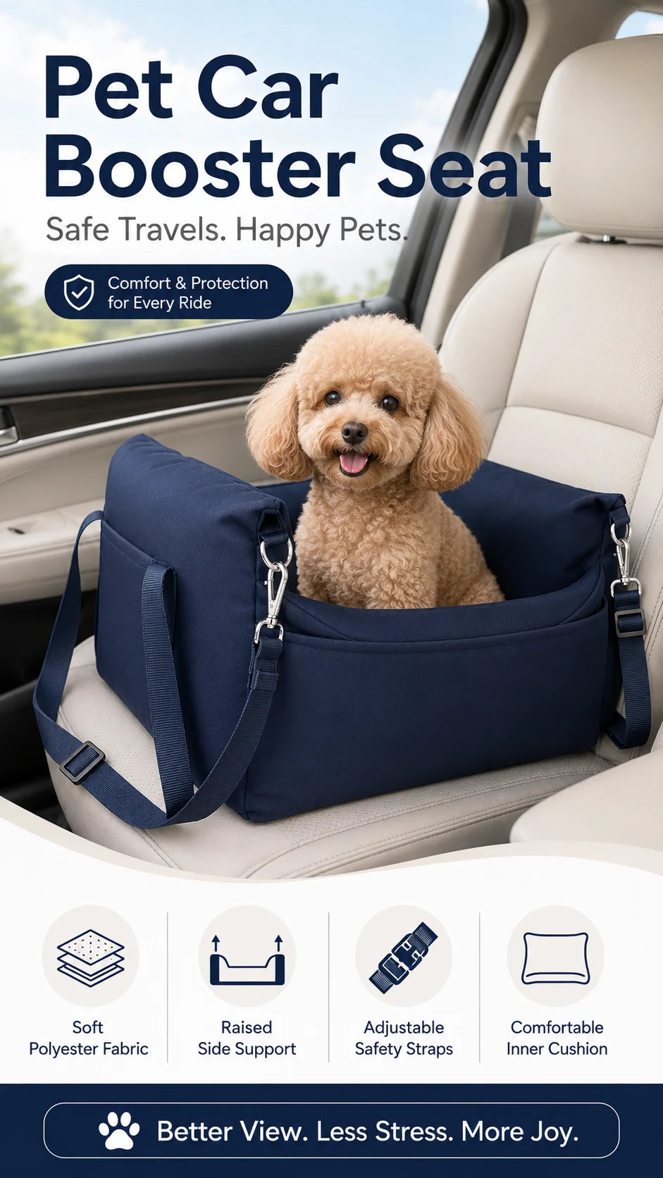 Pet Car Booster Seat for Small Dogs | Dark Blue Polyester Fabric | Removable Cushion & Safety Straps | Cozy Travel Bed