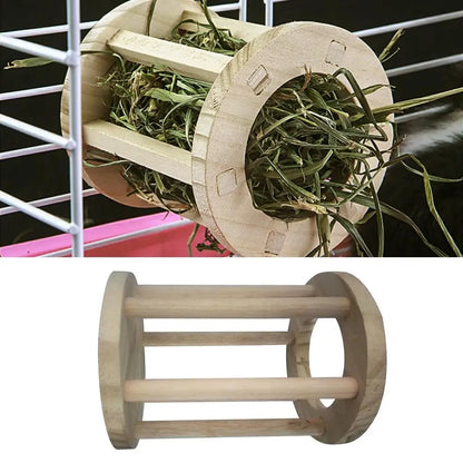 Rabbit Hay Feeder Rack Wooden Food Manger Cylindrical Stand Grass Holder for Small Pets Bunny Chinchilla Guinea Pigs Small Pets
