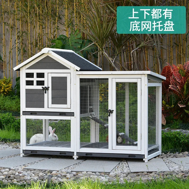 Rabbit Cage Anti Spray Urine Deluxe Double Drawer Rabbit Hutch Solid Wood Pigeon Coop Chicken Cage Bottom Mesh Outdoor