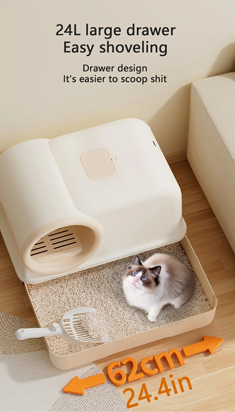 Cat Litter Box with Corridor & Drawer Design | Fully Enclosed Odor Control & Anti-Tracking Toilet | Easy-Clean Kitty Litter Pan
