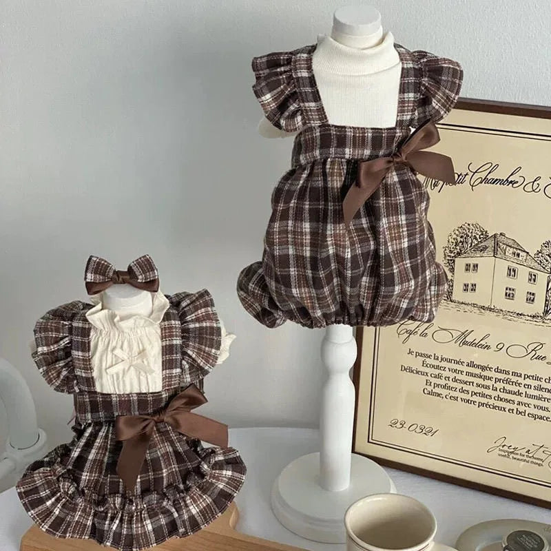 Pet Spring Plaid Flower Bud Pants Cute Pumpkin Skirt Dog Princess Plaid Bow Skirt Teddy Puppy Clothes Dog Pajamas