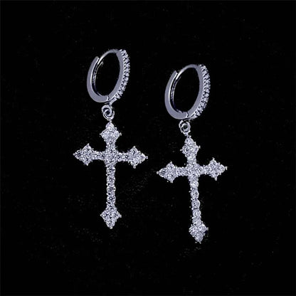 Korean Sliver Color Zircon Cross-Shape Drop Earrings | Punk Hip Hop Crystal Pendant Earrings