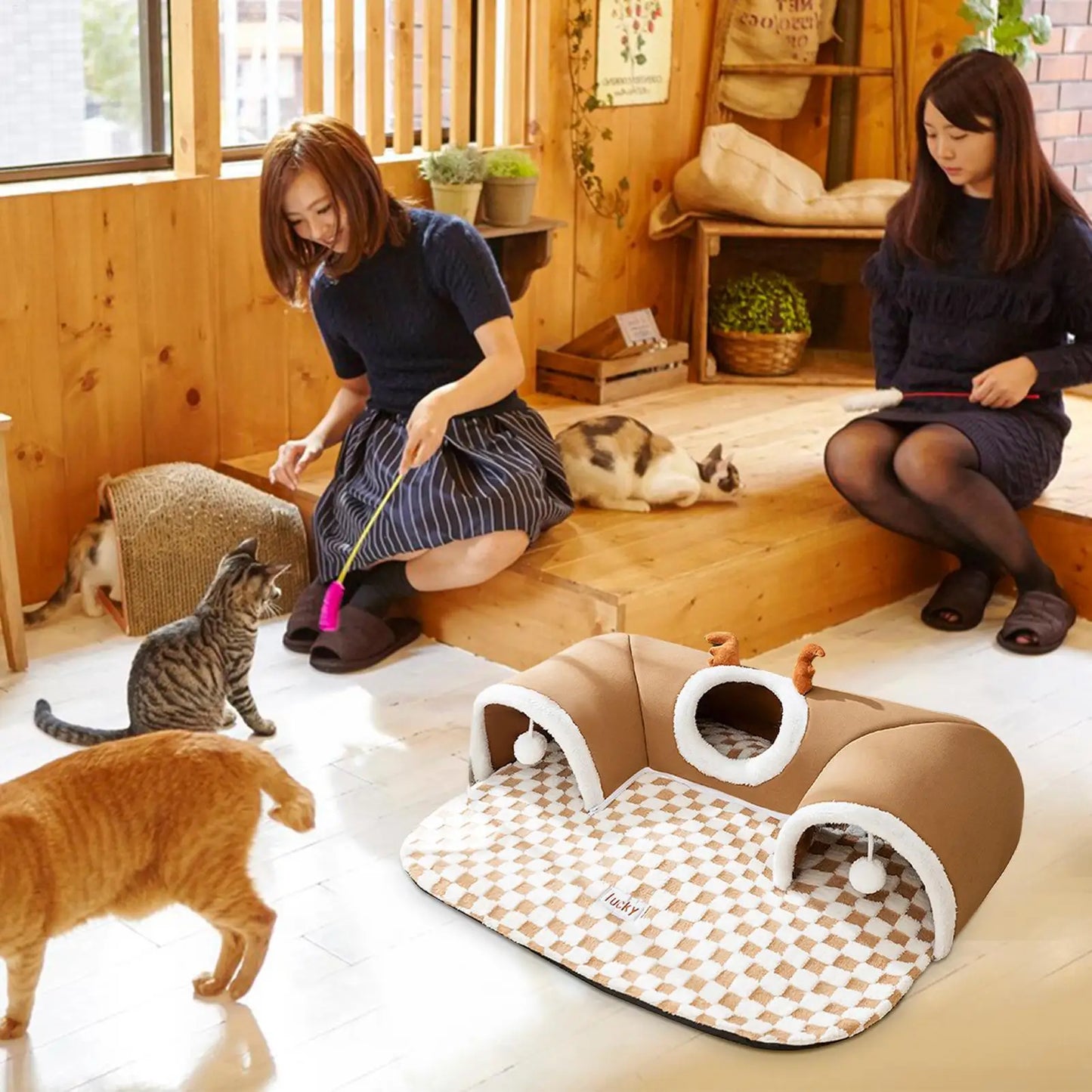 Cat Bed and Play Tunnel Warm House Tent with Plush Mat Indoor Hideaway Corner Shelter Foldable Pet Furniture for Kittens Cats