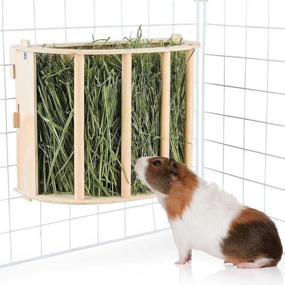 Practical Wooden Bunny Hay Feeder Hanging Fixed Built-in Hay Feeder Rack Detachable Grass Dispenser Guinea Pig Feeder Hamster