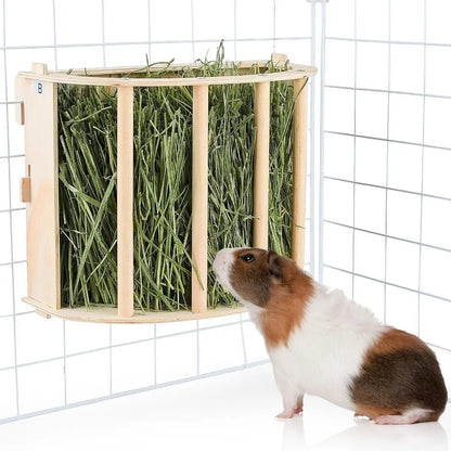 Practical Wooden Bunny Hay Feeder Hanging Fixed Built-in Hay Feeder Rack Detachable Grass Dispenser Guinea Pig Feeder Hamster