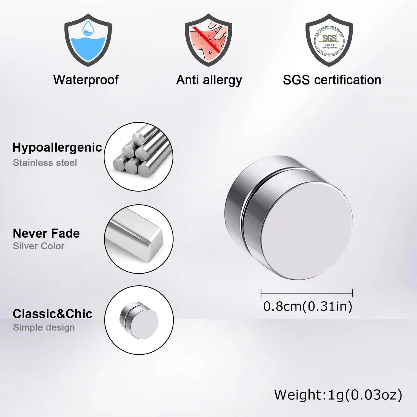 Vnox Magnetic Clip Earrings Non Piercing | Hip Hop Zircon Studs for Men Women Silver Party Gifts
