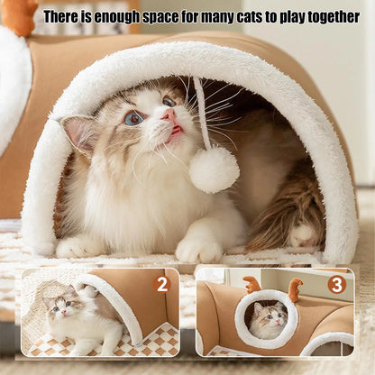 Cat Bed and Play Tunnel Warm House Tent with Plush Mat Indoor Hideaway Corner Shelter Foldable Pet Furniture for Kittens Cats