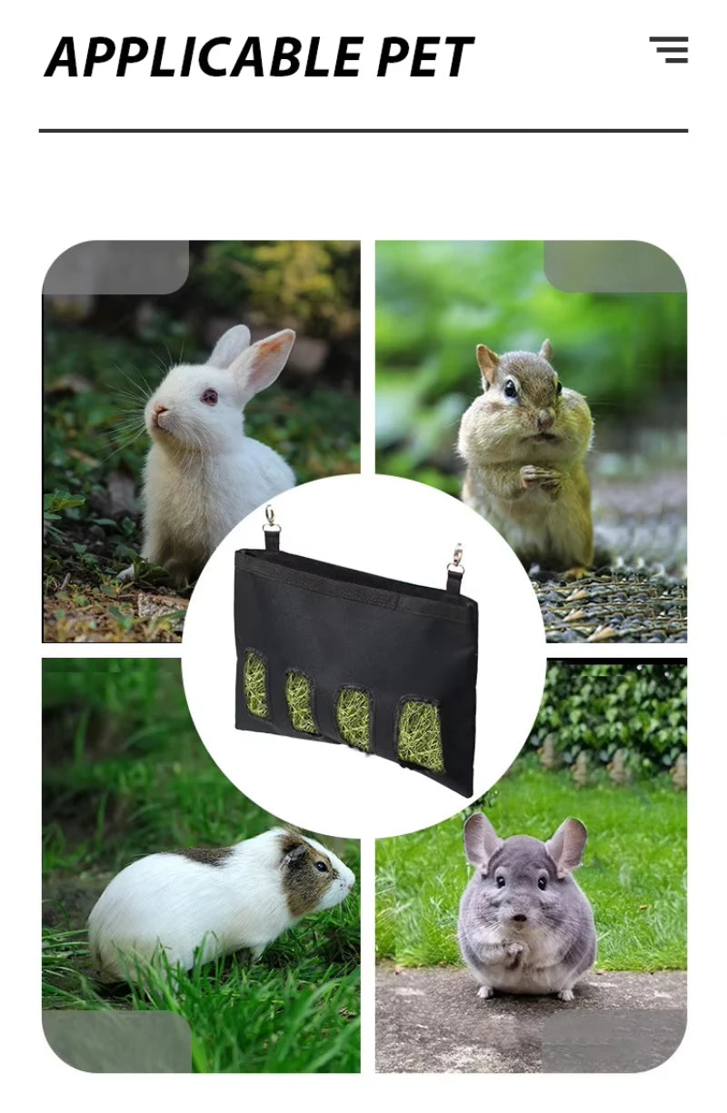 Rabbit Hay Bag Hanging Pouch Feeder Holder Black Durable Feeding Dispenser Container for Rabbit Guinea Pig Small Animals