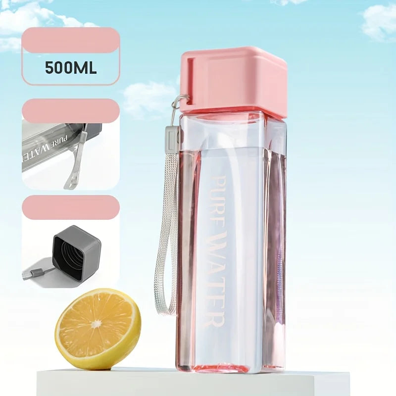 Portable Square Plastic Water Cup | Leak Proof Sports Bottle with Drawstring