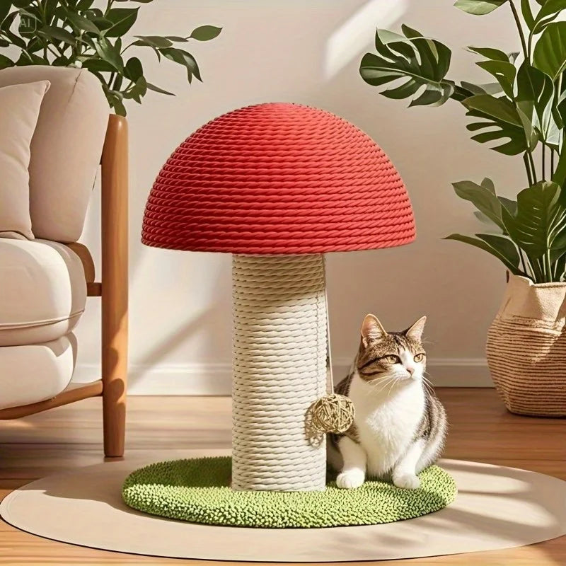 Red Mushroom-Shaped Cat Scratching Post with Sisal Scratching Pad, Mini Pet Villa & Green Pom-Pom Base