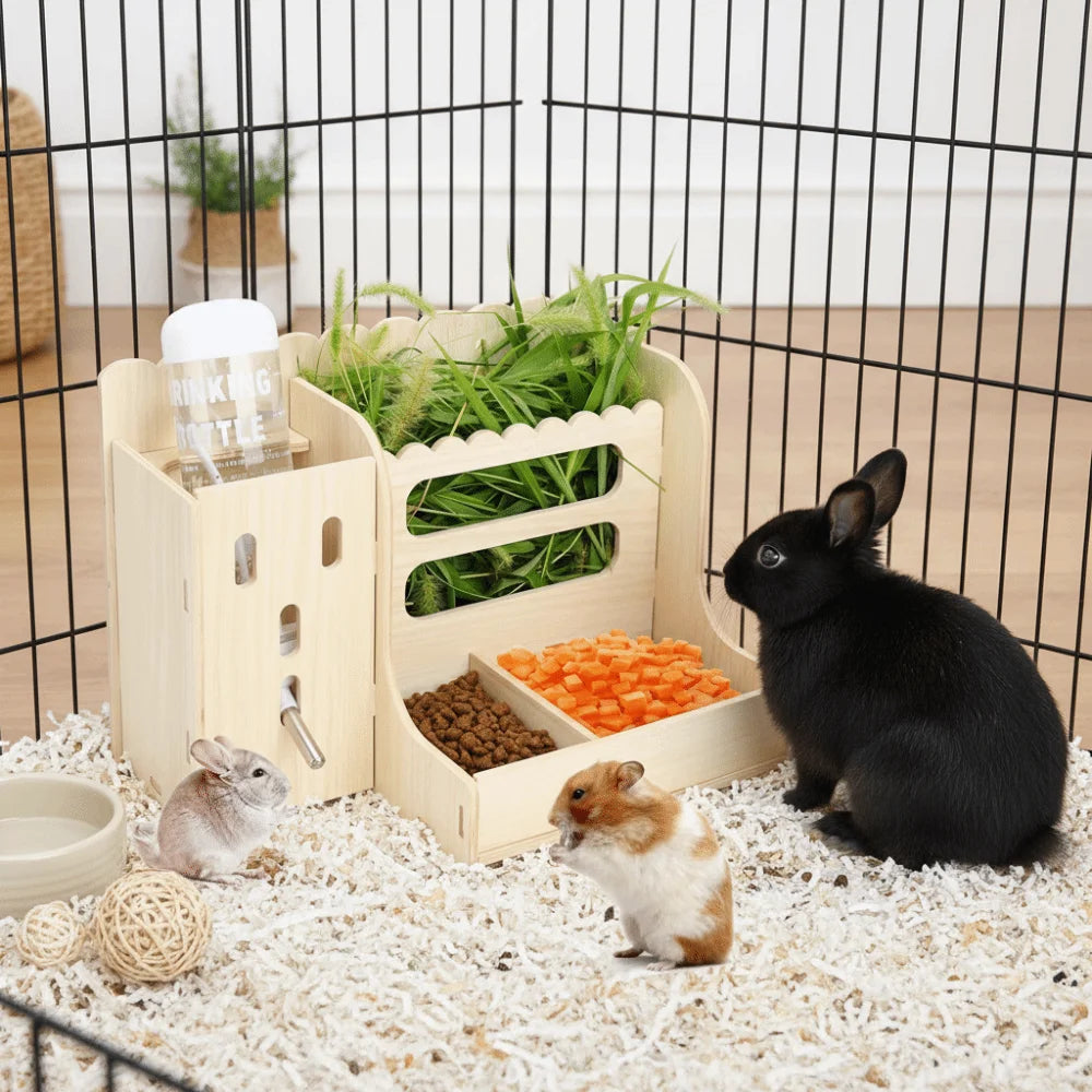 2 in 1 Rabbit Hay Feeder Bite Resistant Detachable Rabbit Food Manger with Bottle Rabbit Hay Rack Cage Accessories