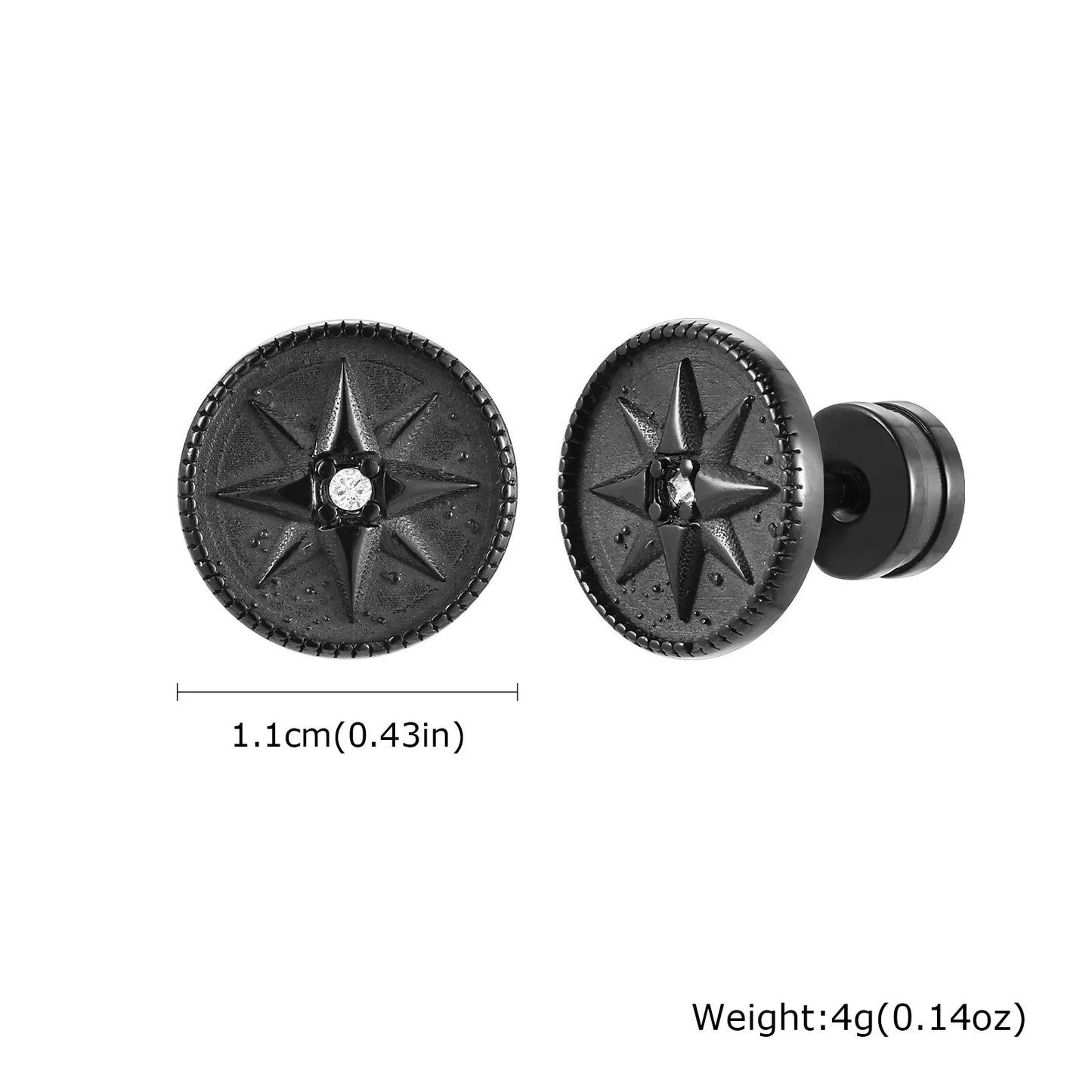 Black Compass Stud Earring for Men | Nautical Star with White Zircon