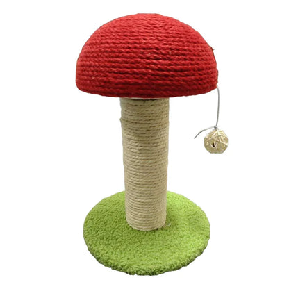 Red Mushroom-Shaped Cat Scratching Post with Sisal Scratching Pad, Mini Pet Villa & Green Pom-Pom Base