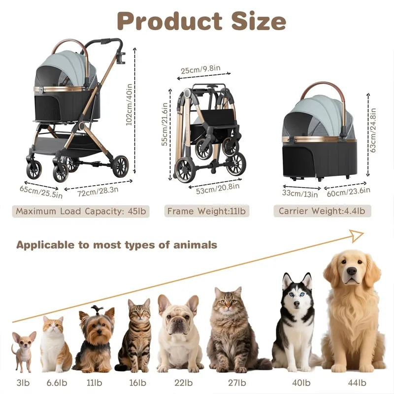 Pet 3-in-1 Portable Foldable Pet Strollers with Detachable Bag Small Medium Dogs Cats Up to 45 lbs Carts Basket Can Be Separated