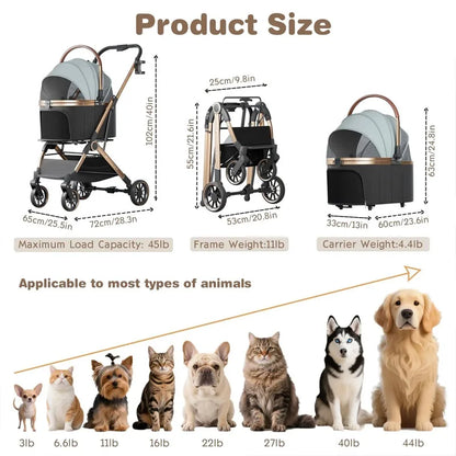 Pet 3-in-1 Portable Foldable Pet Strollers with Detachable Bag Small Medium Dogs Cats Up to 45 lbs Carts Basket Can Be Separated